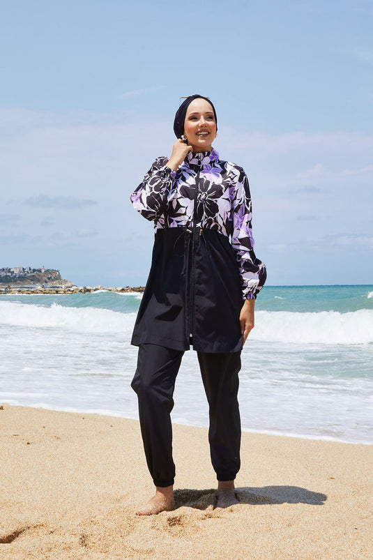 Maillot de bain modeste à motif floral avec taille plissée, lilas