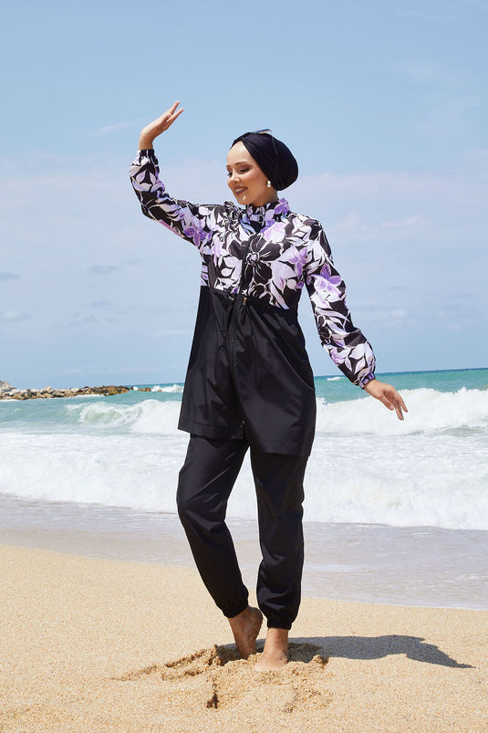 Maillot de bain modeste à motif floral avec taille plissée, lilas