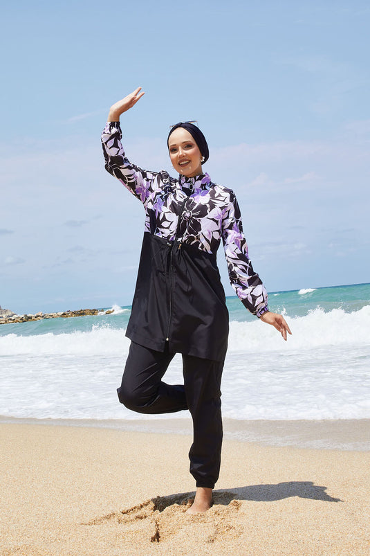 Maillot de bain modeste à motif floral avec taille plissée, lilas