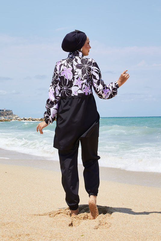 Maillot de bain modeste à motif floral avec taille plissée, lilas