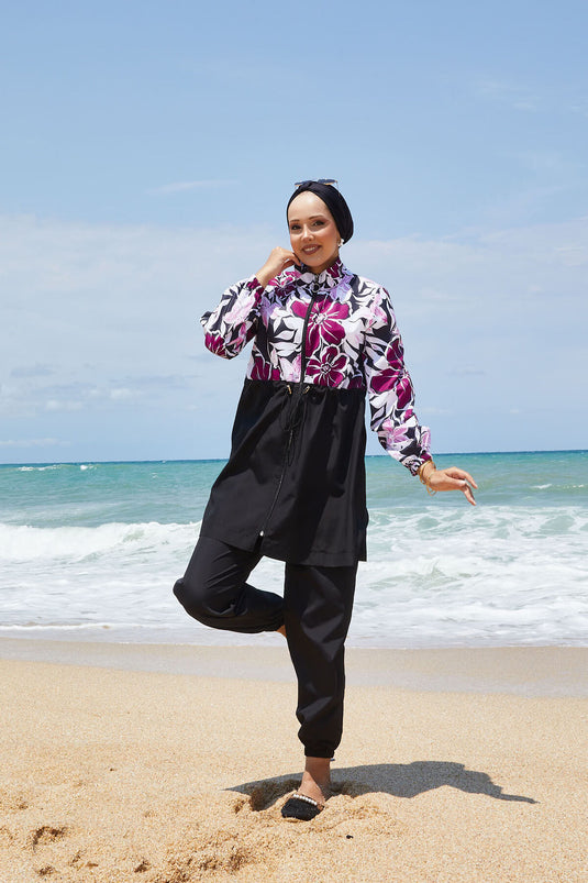 Maillot de bain modeste à motifs floraux avec taille plissée et violet