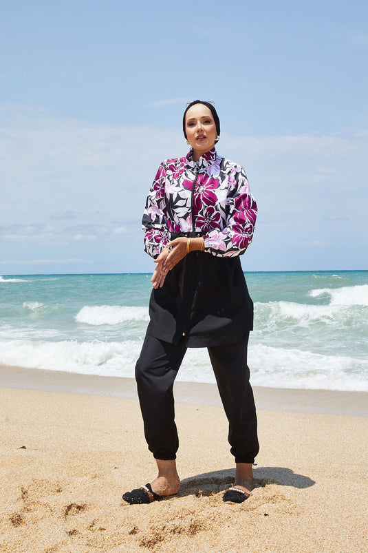 Maillot de bain modeste à motifs floraux avec taille plissée et violet