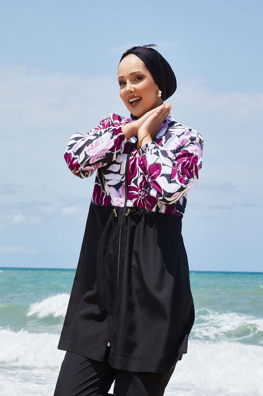 Maillot de bain modeste à motifs floraux avec taille plissée et violet