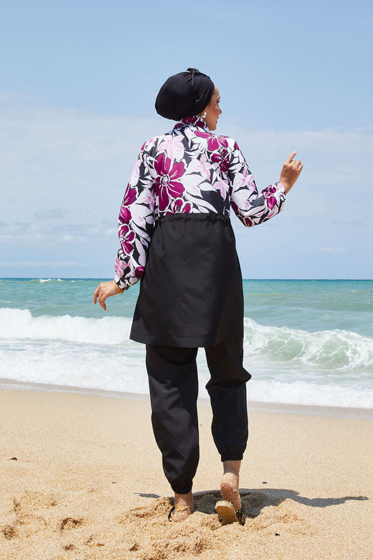 Maillot de bain modeste à motifs floraux avec taille plissée et violet