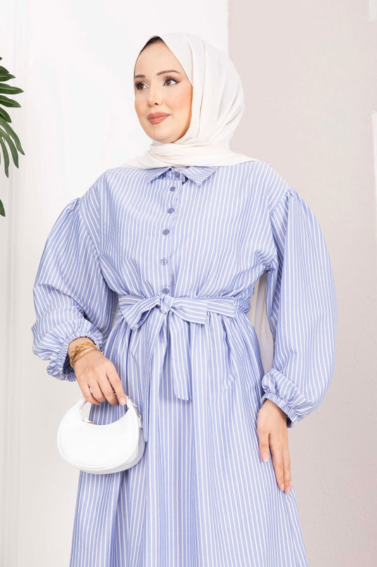 Robe Tesettür Rayée à Cordon de Serrage Indigo