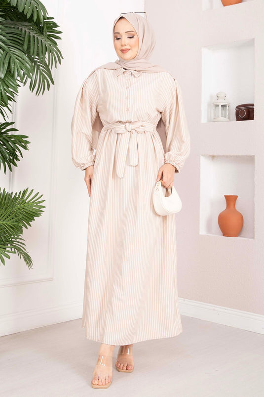 Robe Tesettür Modeste à Rayures avec Cordon de Serrage Couleur Vison