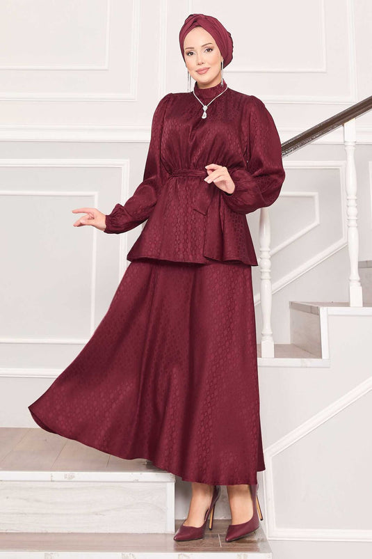 Pleated Waist Patterned Jacquard Hijab Suit Burgundy