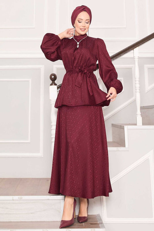 Costume hijab jacquard à taille plissée bordeaux