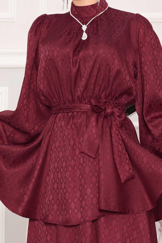 Costume hijab jacquard à taille plissée bordeaux