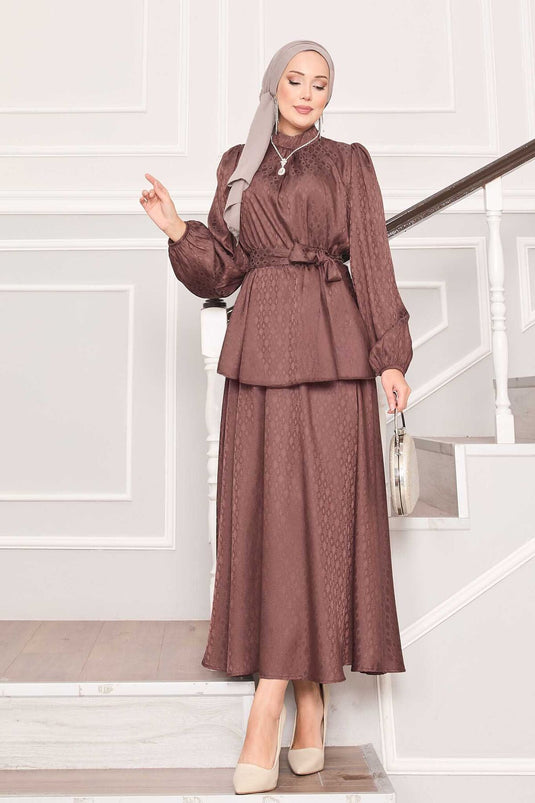 Costume hijab jacquard à taille plissée marron