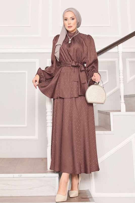 Costume hijab jacquard à taille plissée marron