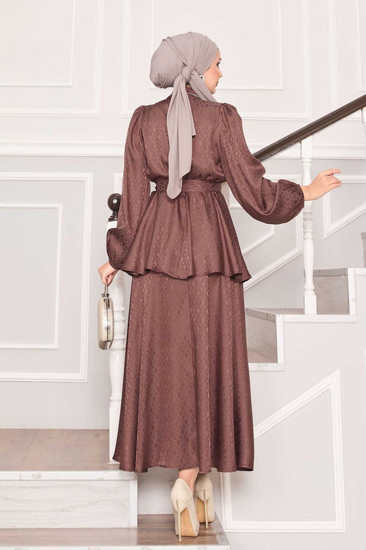 Costume hijab jacquard à taille plissée marron