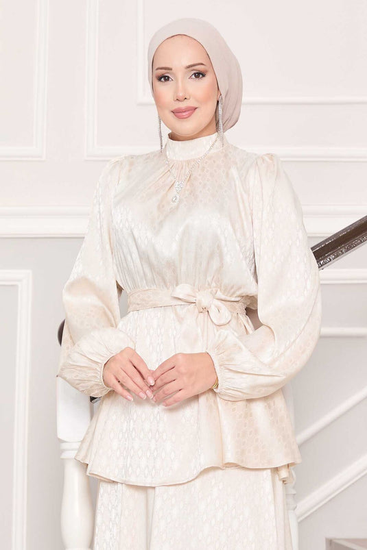 Pleated Waist Patterned Jacquard Hijab Suit Cream