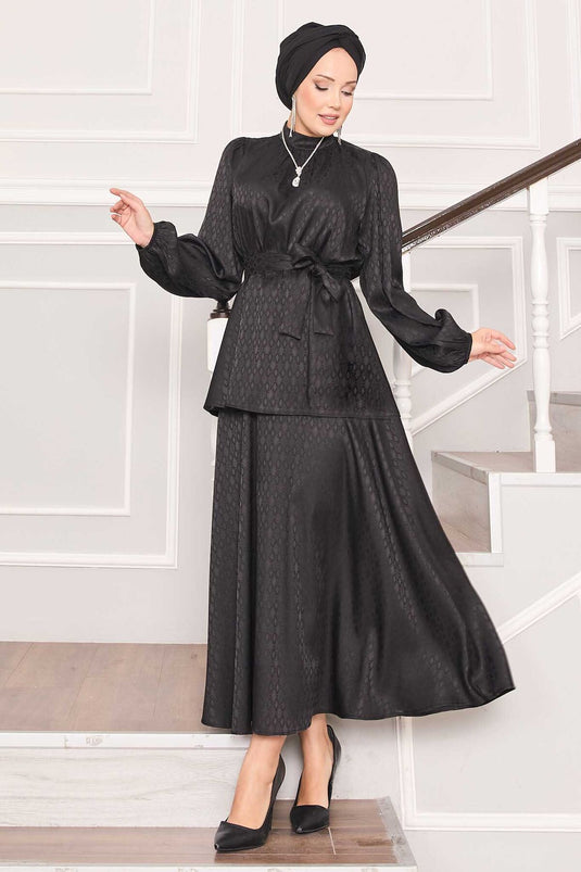 Costume hijab jacquard à taille plissée noir