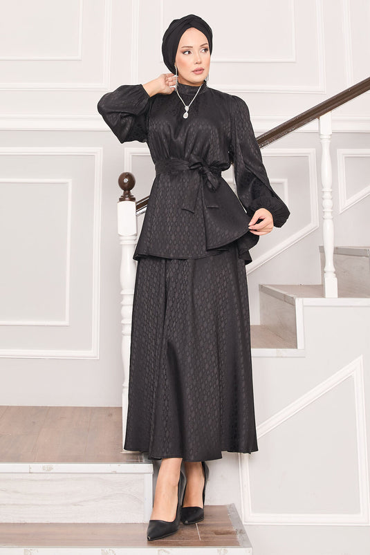 Costume hijab jacquard à taille plissée noir