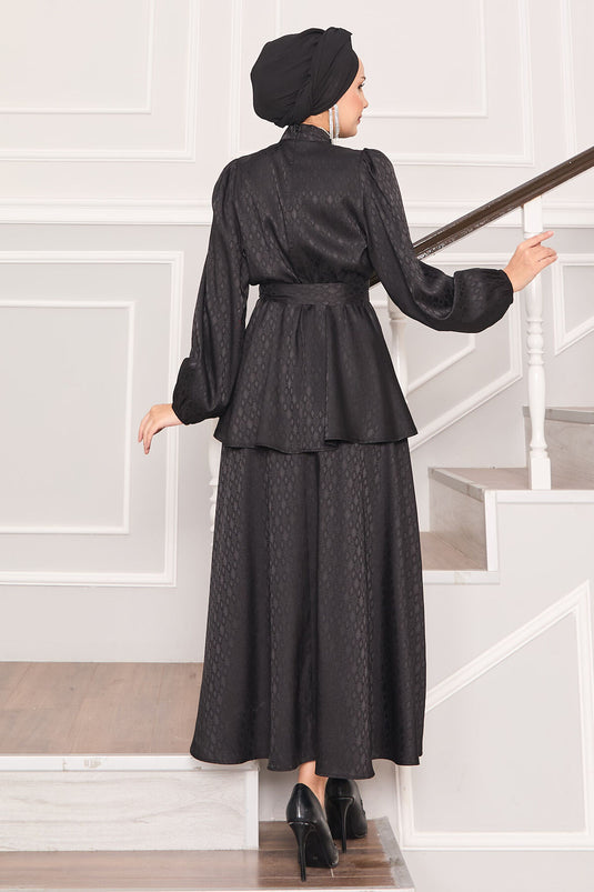 Costume hijab jacquard à taille plissée noir