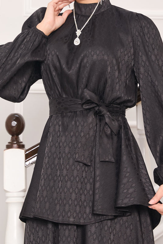 Costume hijab jacquard à taille plissée noir