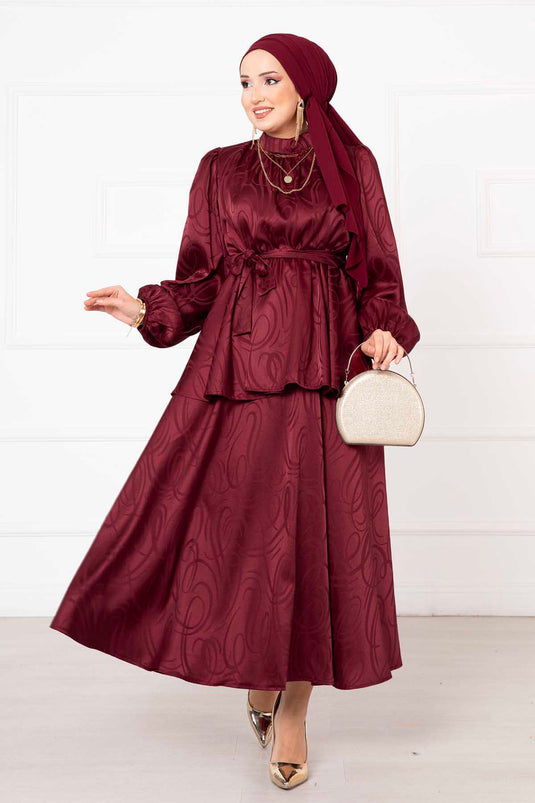 Beli Büzgülü Kuşaklı Etekli Jakar Bordo