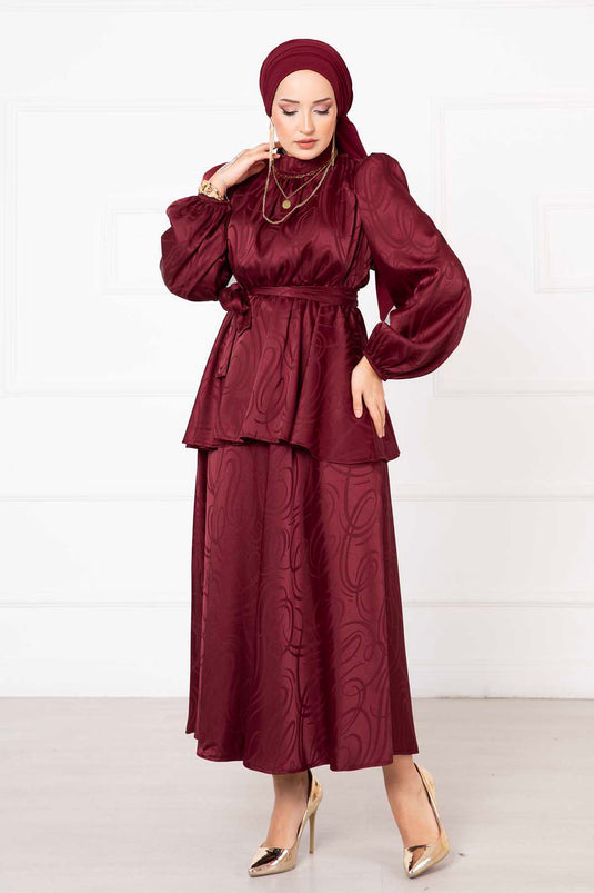 Beli Büzgülü Kuşaklı Etekli Jakar Bordo