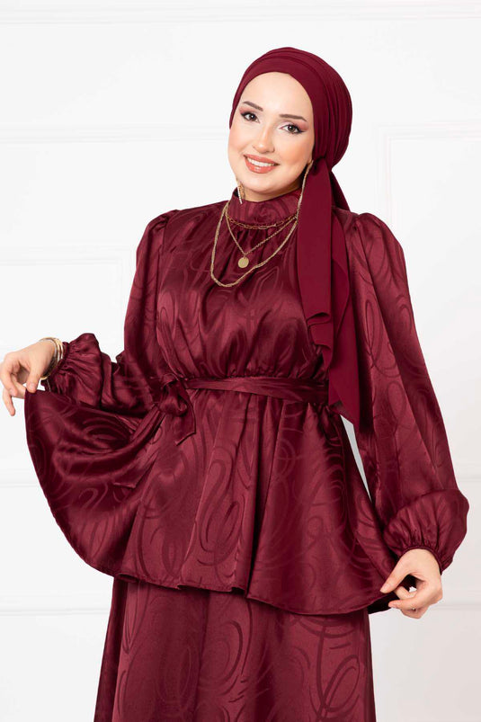 Beli Büzgülü Kuşaklı Etekli Jakar Bordo