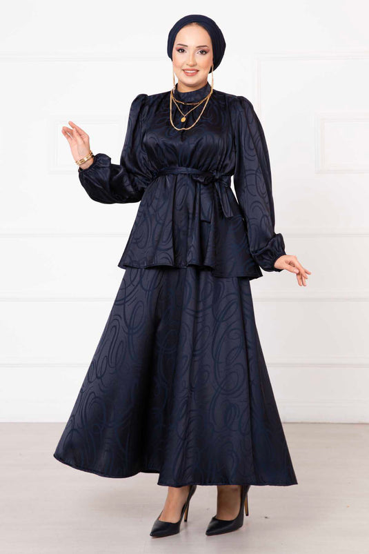 Costume jacquard à taille plissée et ceinture bleu marine