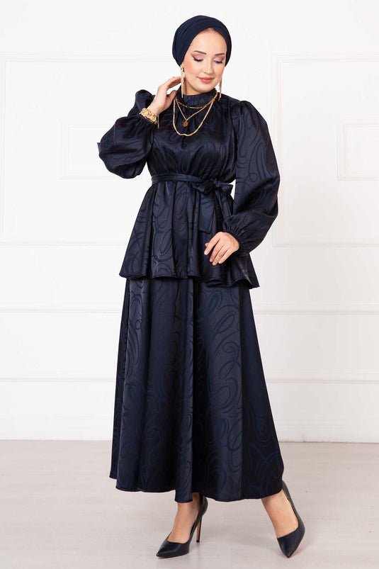 Costume jacquard à taille plissée et ceinture bleu marine