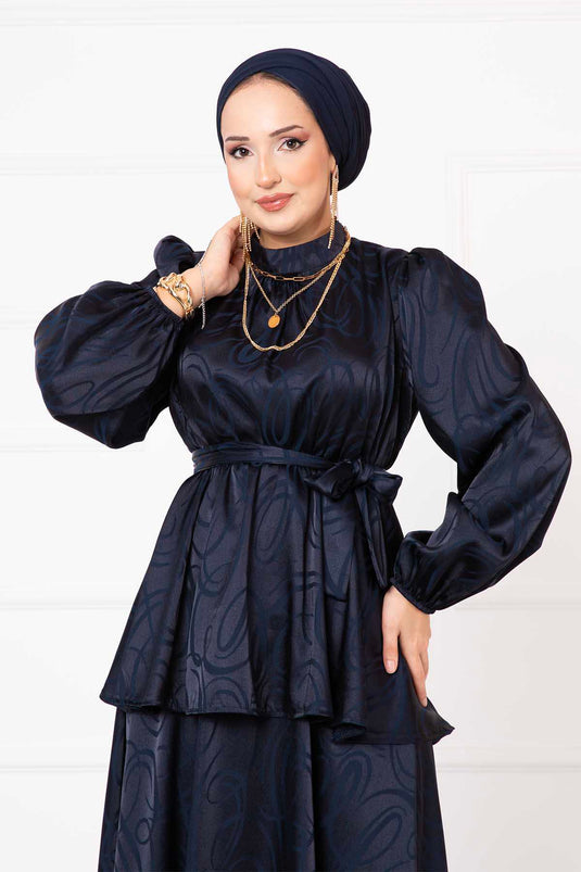 Costume jacquard à taille plissée et ceinture bleu marine