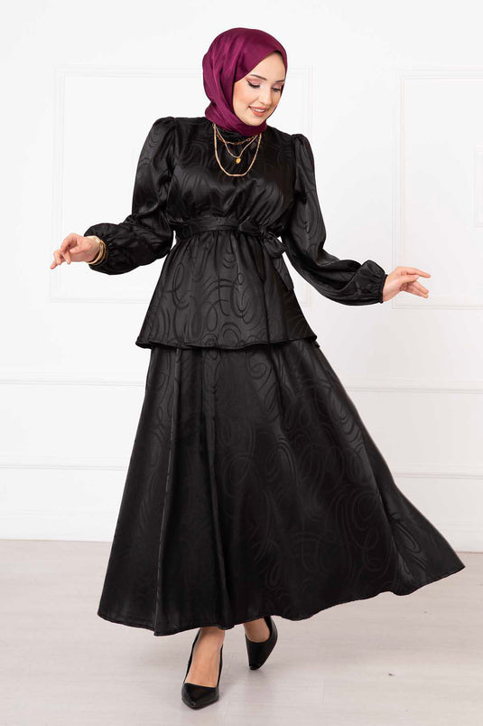 Waist Pleated Belted Skirted Jacquard Suit Black