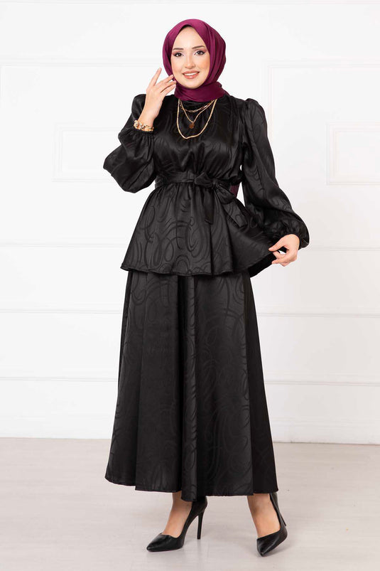 Beli Büzgülü Kuşaklı Etekli Jakar Takım Siyah