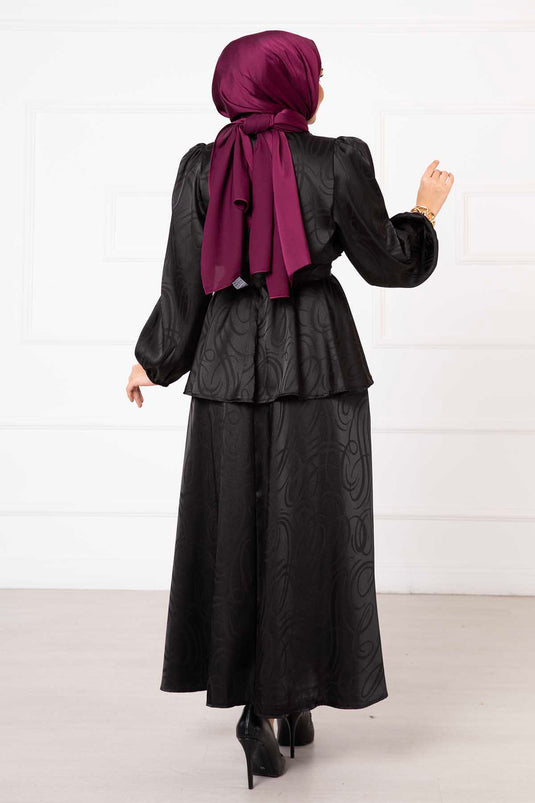 Waist Pleated Belted Skirted Jacquard Suit Black
