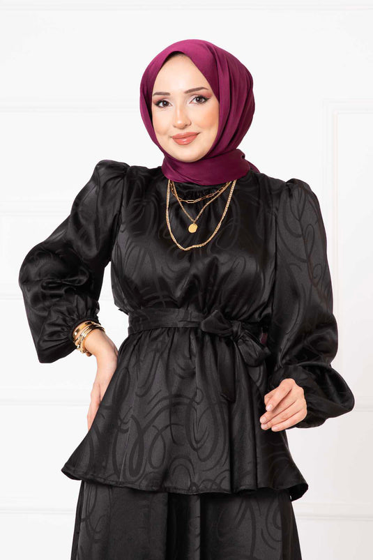 Beli Büzgülü Kuşaklı Etekli Jakar Takım Siyah