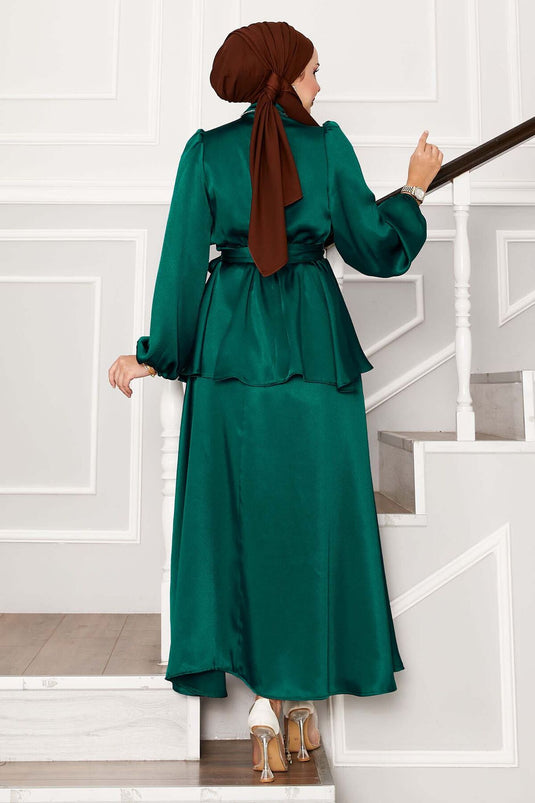 Tailleur jupe en satin avec ceinture plissée à la taille, couleur émeraude