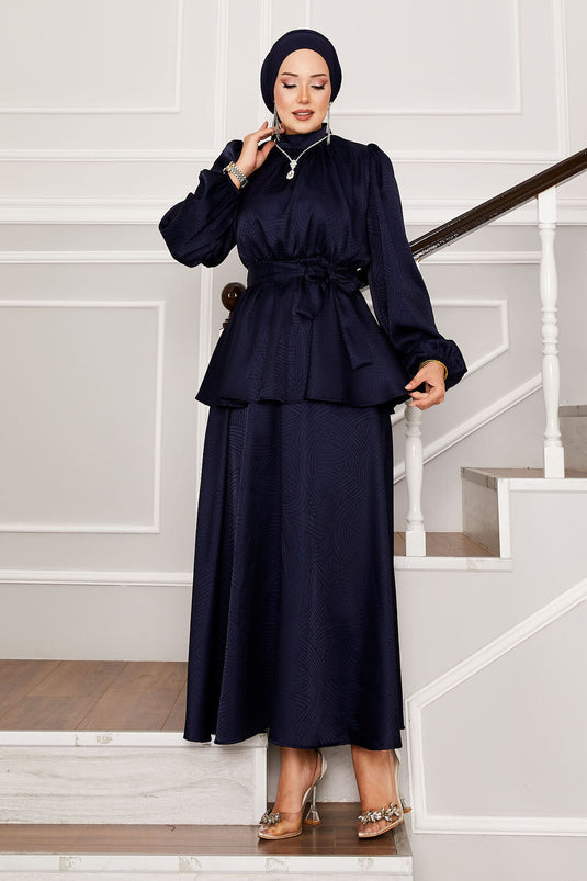 Costume jacquard bleu marine avec cordon de serrage à la taille et ceinture