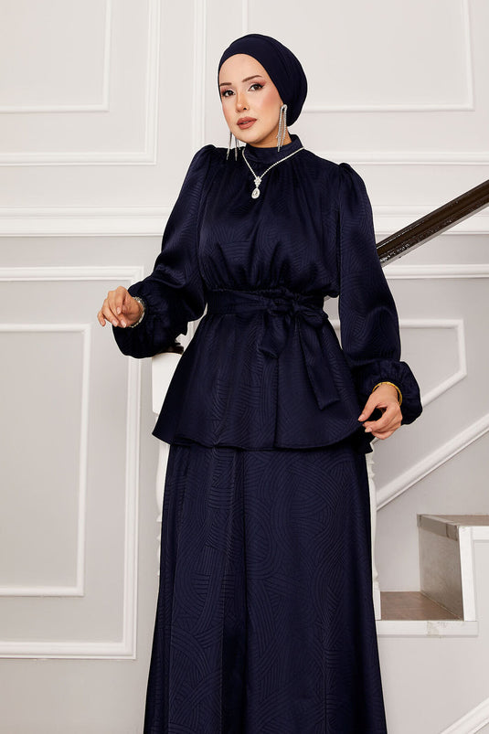 Costume jacquard bleu marine avec cordon de serrage à la taille et ceinture