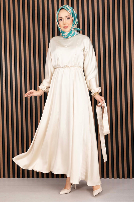 Robe voilée à ceinture froncée beige Beli