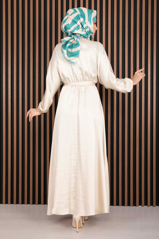 Robe voilée à ceinture froncée beige Beli