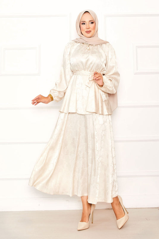 Jacquard Skirt Suit with Gathered Waist and Removable Belt, Cream