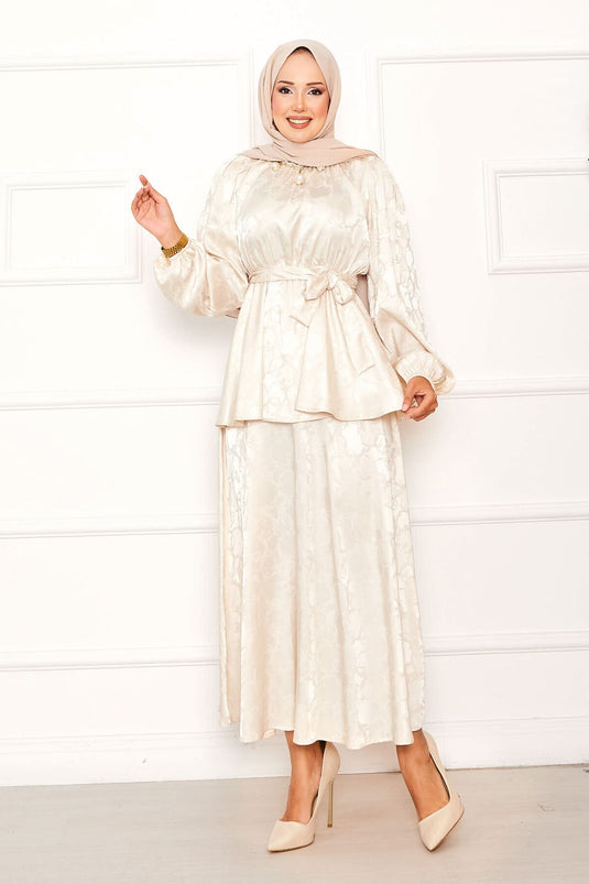 Jacquard Skirt Suit with Gathered Waist and Removable Belt, Cream