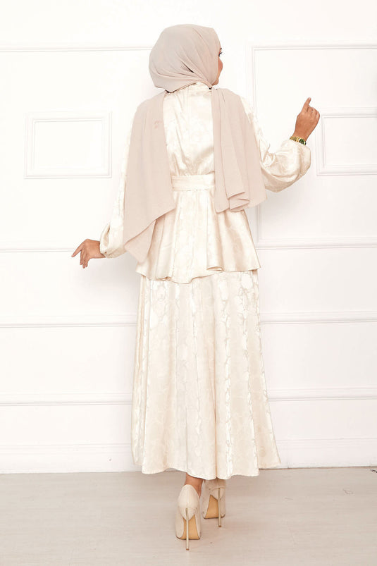 Jacquard Skirt Suit with Gathered Waist and Removable Belt, Cream