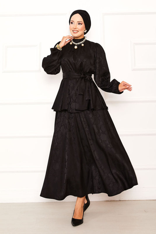 Beli Büzgülü Seyyar Kuşaklı Jakar Etekli Takım Siyah