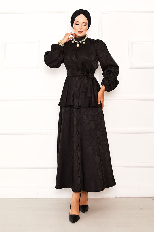 Gathered Waist, Removable Belt, Jacquard Skirt Suit, Black
