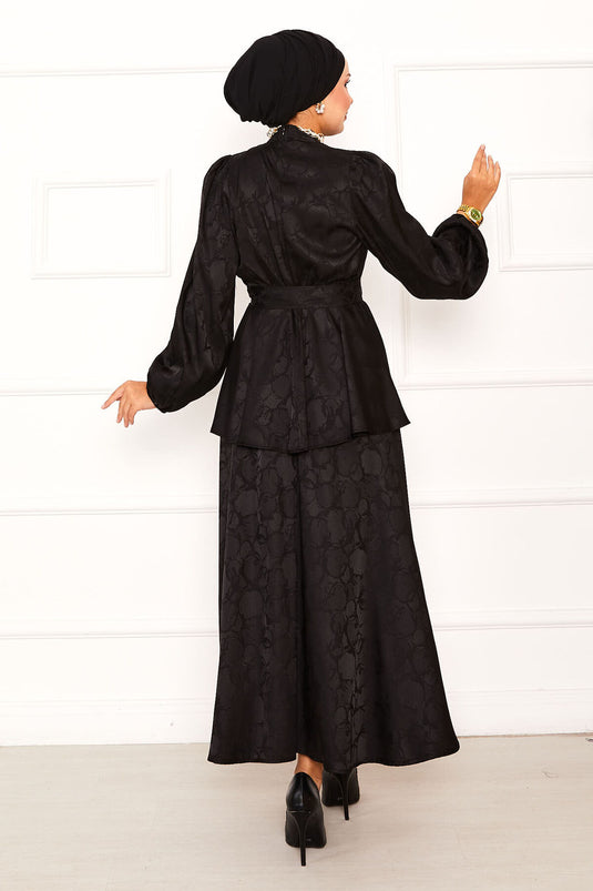 Beli Büzgülü Seyyar Kuşaklı Jakar Etekli Takım Siyah