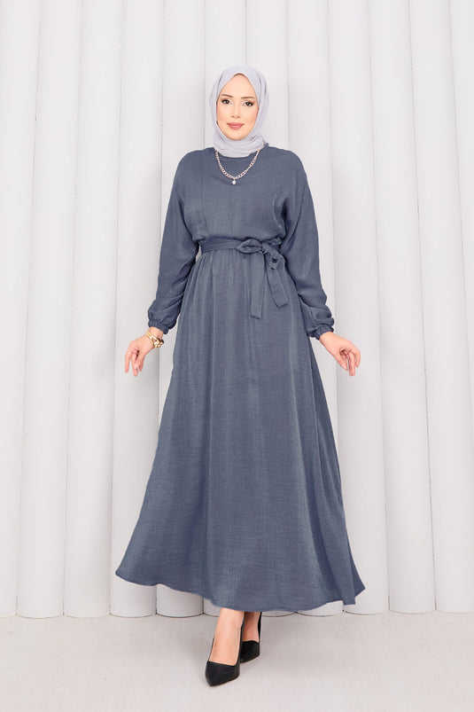 Batwing Sleeve Hijab Dress with Removable Belt and Gathered Waist, Gray