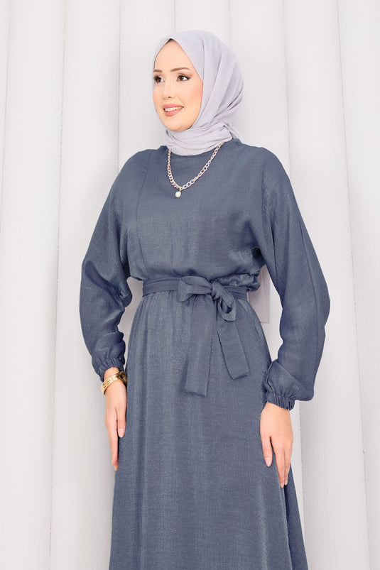 Robe hijab à manches chauve-souris, ceinture amovible et taille froncée, grise