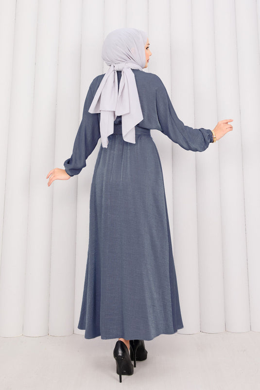 Batwing Sleeve Hijab Dress with Removable Belt and Gathered Waist, Gray