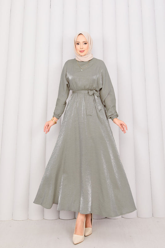 Batwing Sleeve Hijab Dress with Removable Belt and Pleated Waist Khaki