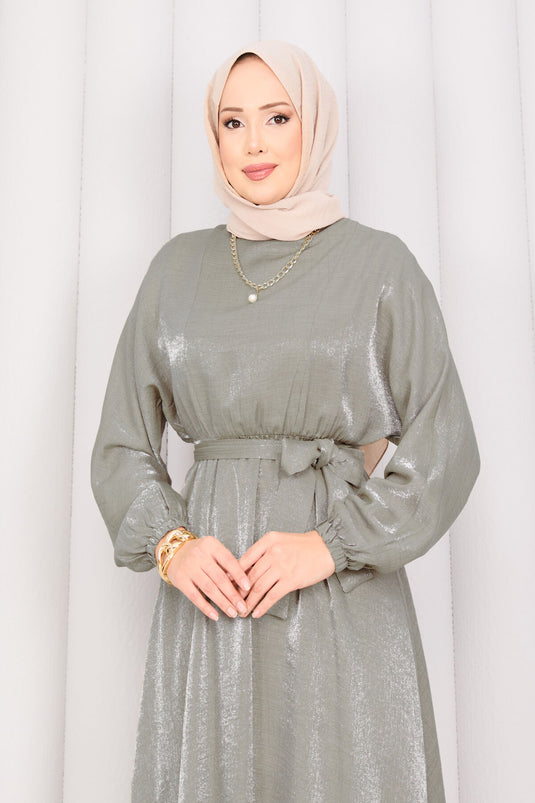 Robe hijab à manches chauve-souris avec ceinture amovible et taille plissée kaki