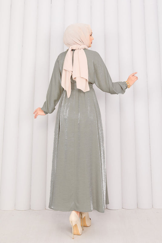 Batwing Sleeve Hijab Dress with Removable Belt and Pleated Waist Khaki