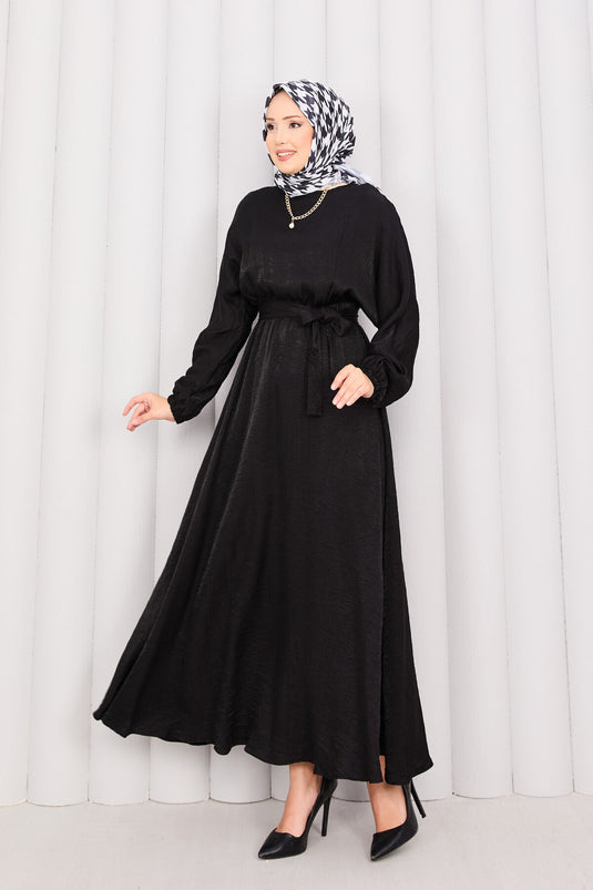 Batwing Sleeve Hijab Dress with Removable Belt and Gathered Waist, Black