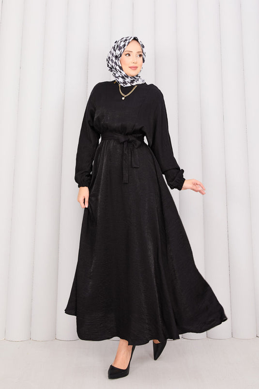 Batwing Sleeve Hijab Dress with Removable Belt and Gathered Waist, Black